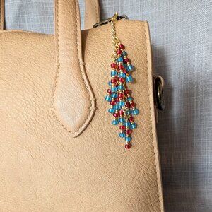TEAL RED & GOLD BEADED CHARM FOR HANDBAG TOTE OR PURSE